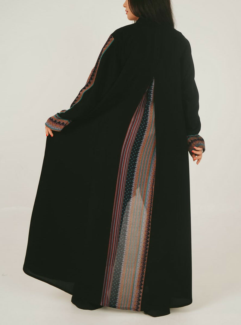 Black Open Abaya with Patch-Design + Free Matching Hijab (Saudi-Style)