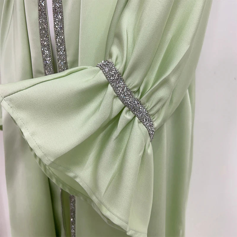 Namira Satin Diamond Cuff Sleeve Embellished Maxi Abaya Set (2 Piece Set)