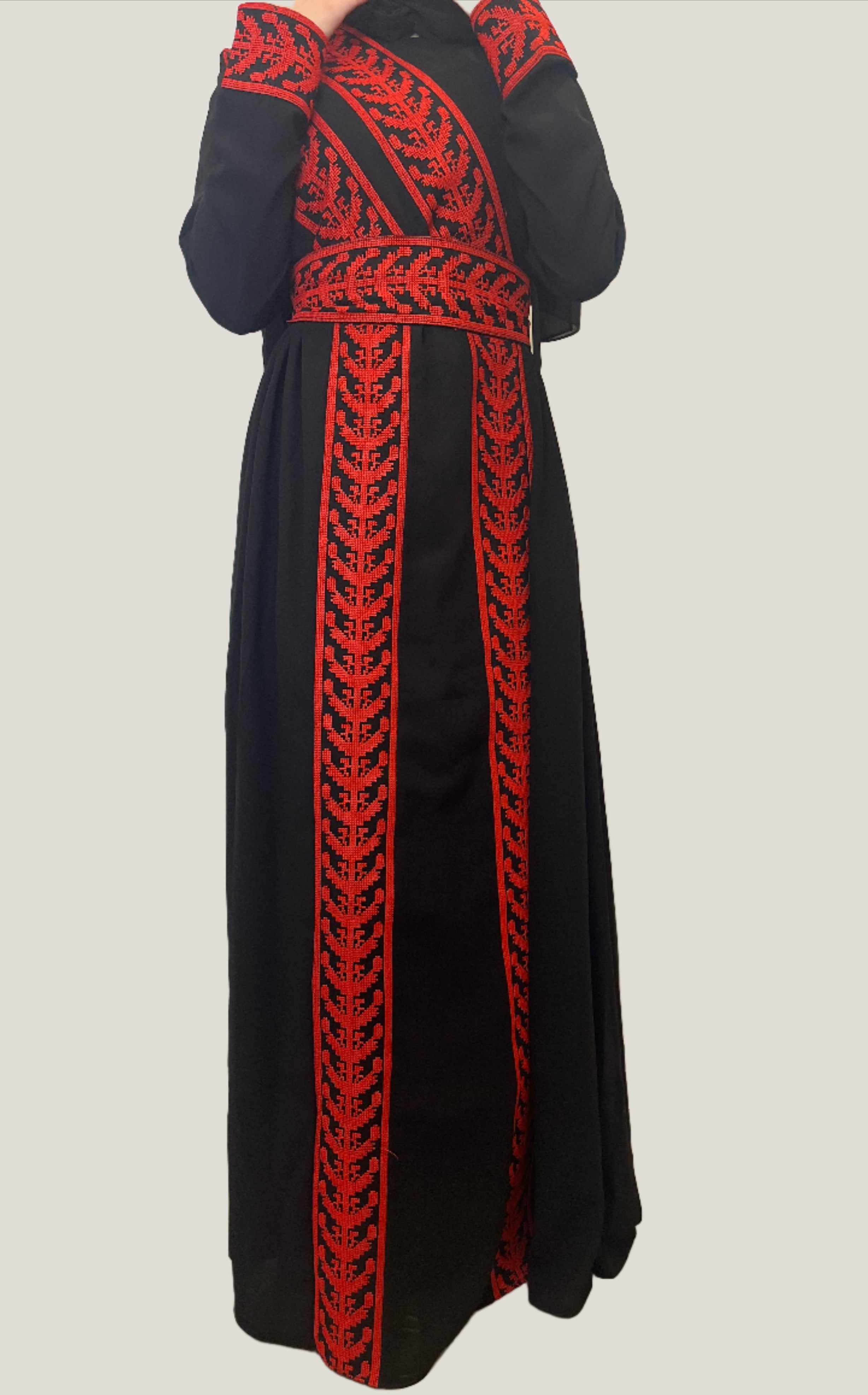 The Modern Red Tatreez Embroidered Feather Wrap Palestinian Thobe the-modern-red-tatreez-embroidered-feather-wrap-palestinian-thobe