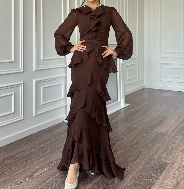 green emerald velvet dress Final Sale Plus Size One Shoulder Ruffle Trim Gown with Front Slit in Red main image 0