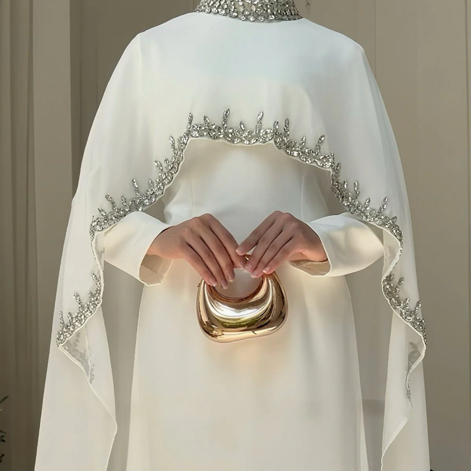 Luxury Rhinestone Embellished Cape Shawl Evening Dress