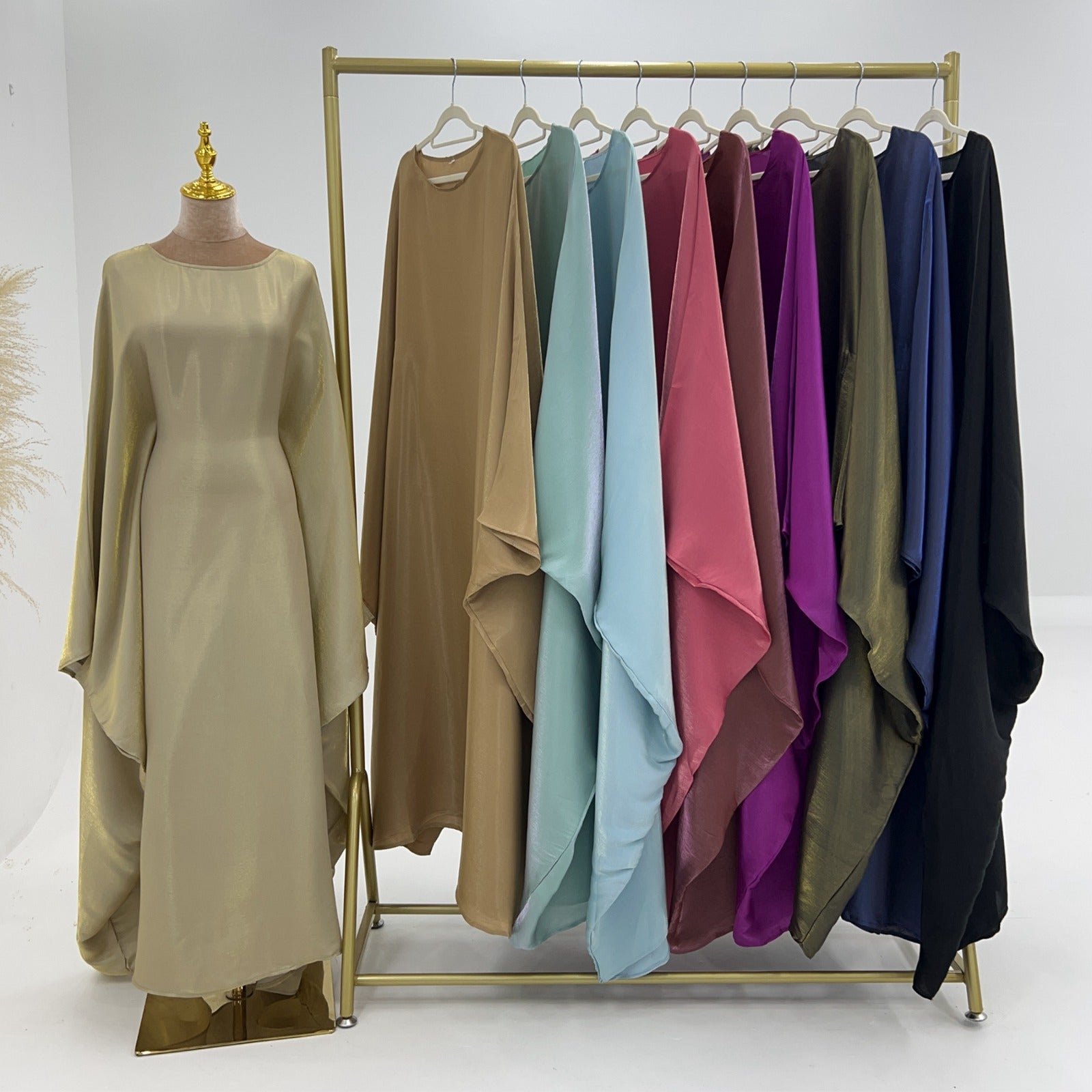 Bright Satin Solid Color Bat Sleeves Open Abaya