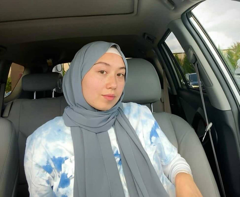 Premium Medina Silk Hijab Blue Grey with blue top