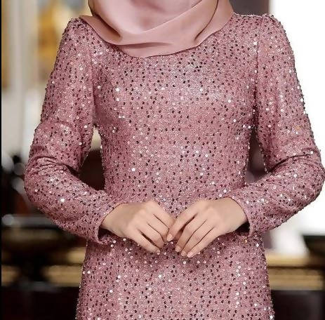 Shamsa Evening Gown pink long-sleeve sequin closeup