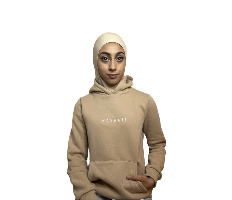 women's cream hoodie with attached hijab hair protection