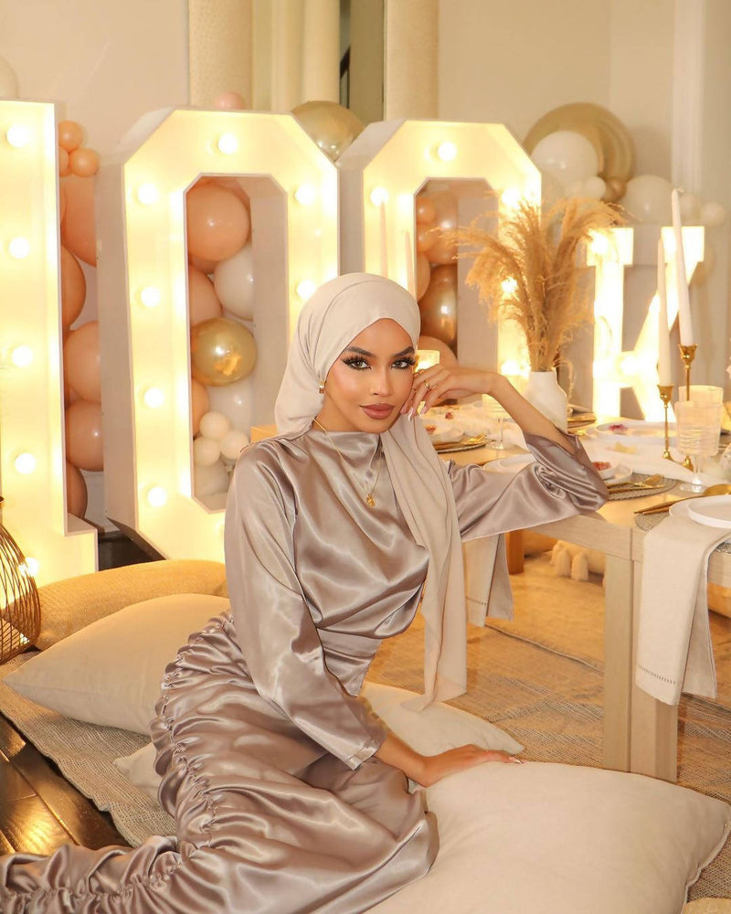 Premium Medina Silk Hijab Biege with nude dress
