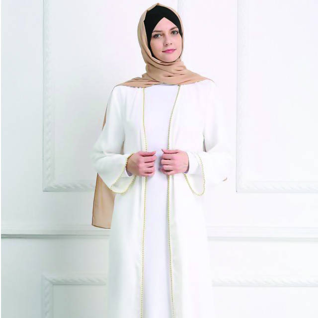 White Gold Pearled Open Abaya lightweight