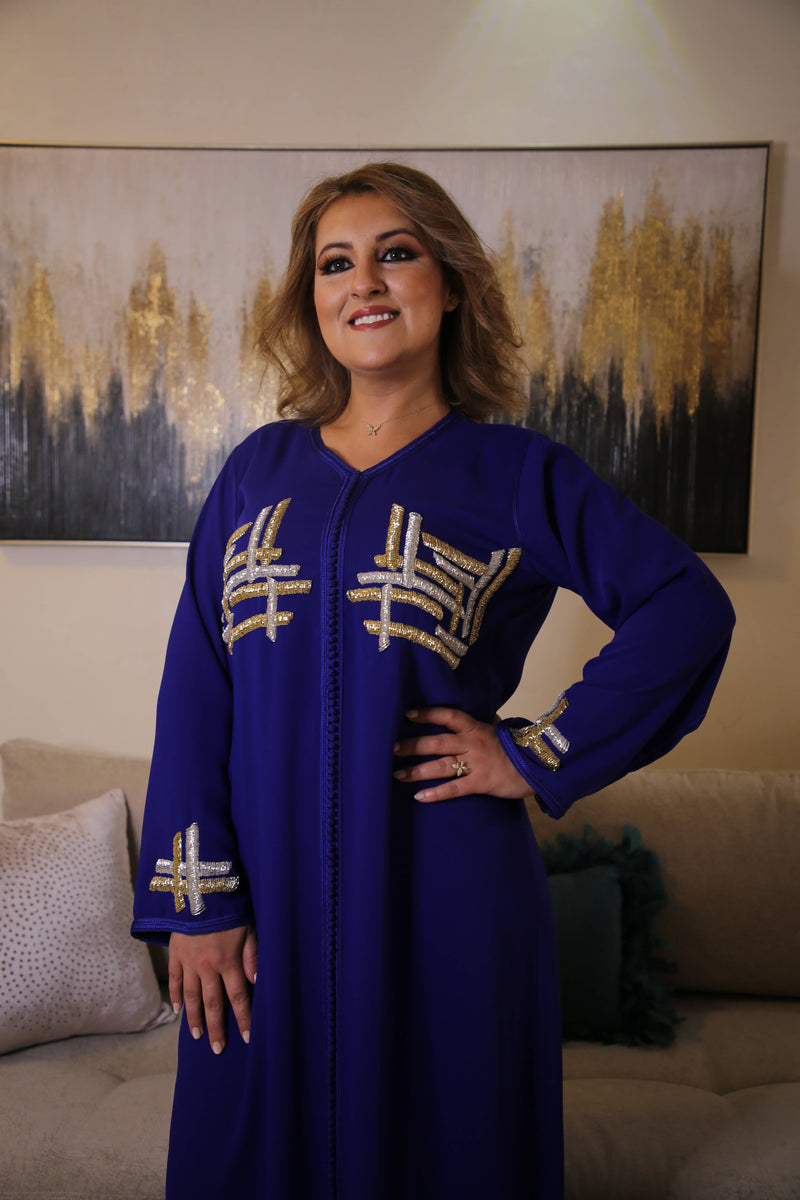Woman wears Blue Kaftan with Crystals silver gold