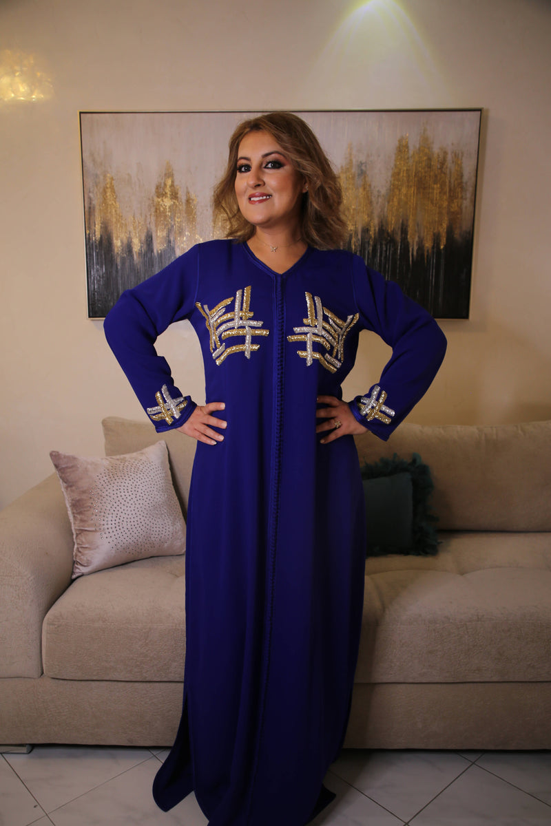 Woman wears Blue Kaftan with Crystals silver gold handmade