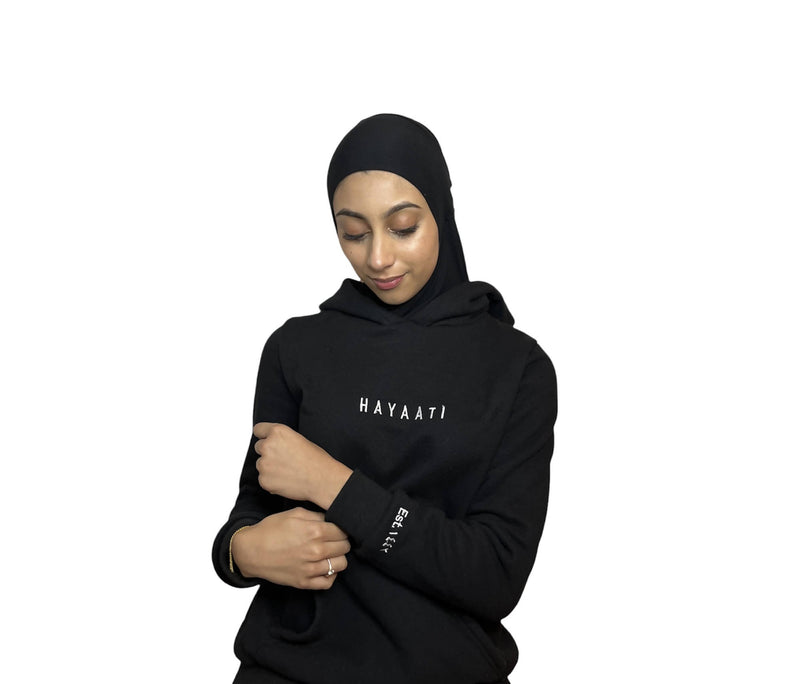 women's black hoodie with attached hijab hair protection