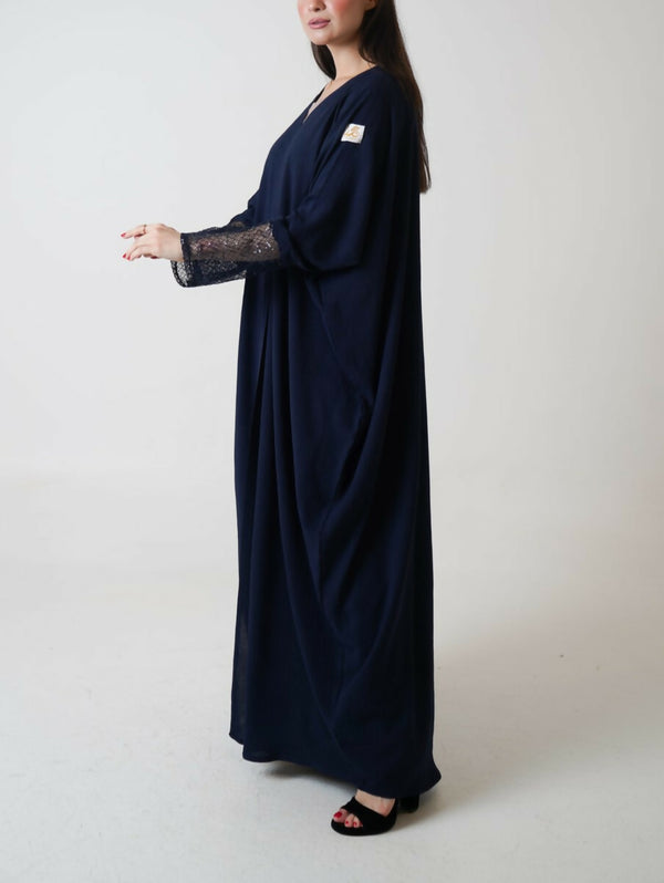 Blue Open Abaya with Net Design + Free Matching Hijab (Saudi-Style)