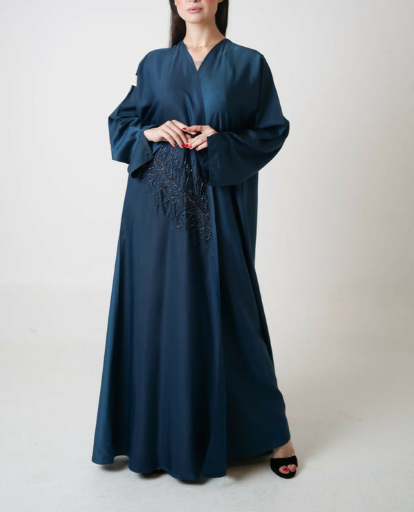 Teal Open Abaya with Embroidery Design + Free Matching Hijab (Saudi-Style)