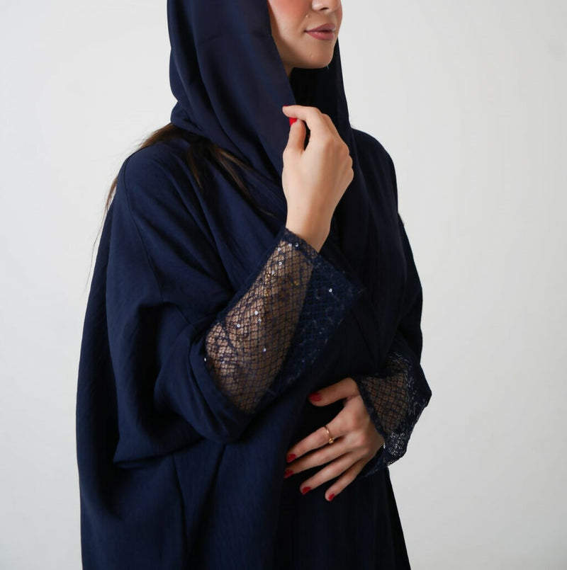 Blue Open Abaya with Net Design + Free Matching Hijab (Saudi-Style)