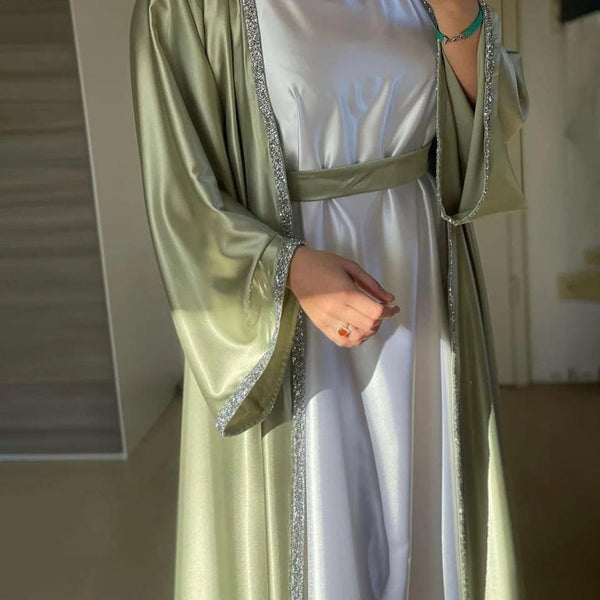 Samira Satin Diamond Embellished Maxi Abaya Set (2 Piece Set)