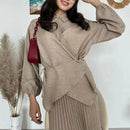 Assymetrical Pleated Collared Jacket & Maxi Skirt Set (2-Piece)