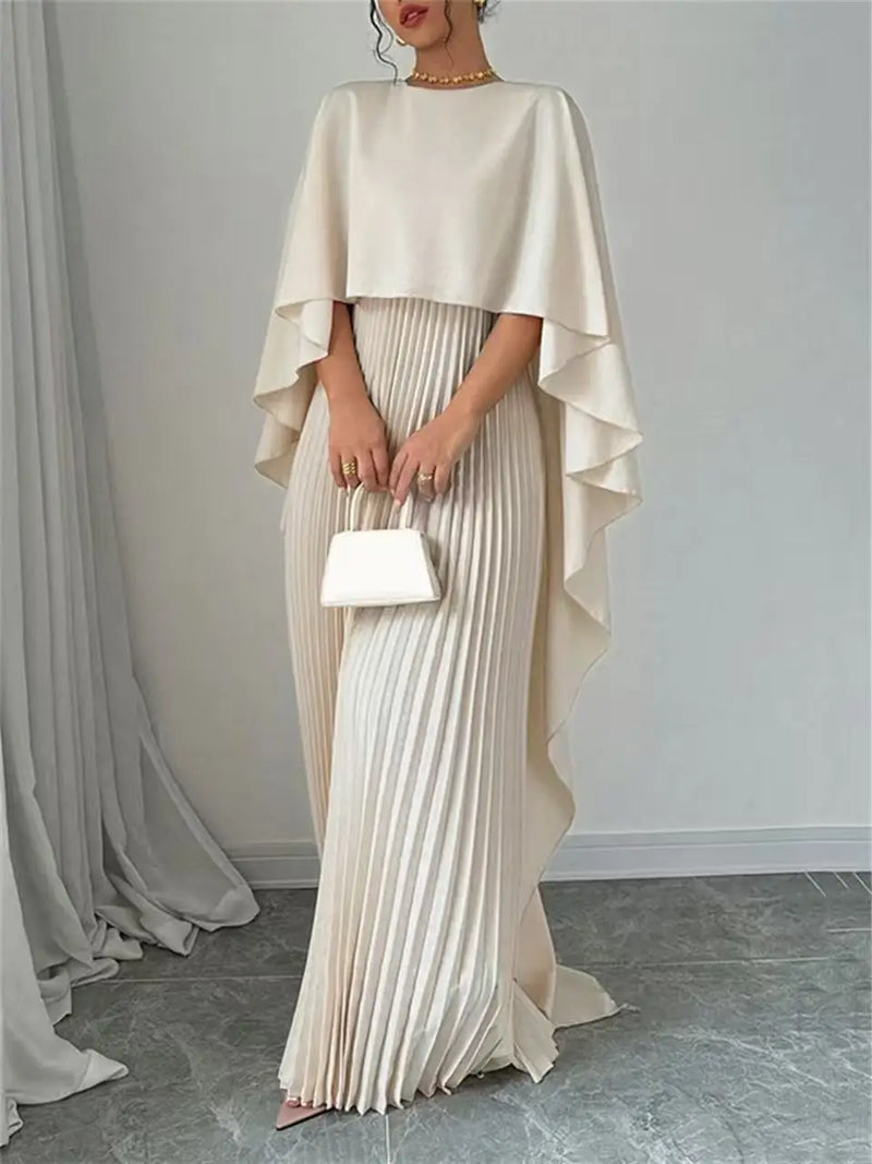 Luxury Pleated Satin Pullover Cape Shawl Evening Dress Champagne / S (52) Luxury Pleated Satin Pullover Cape Shawl Evening Dress Champagne / S (52)