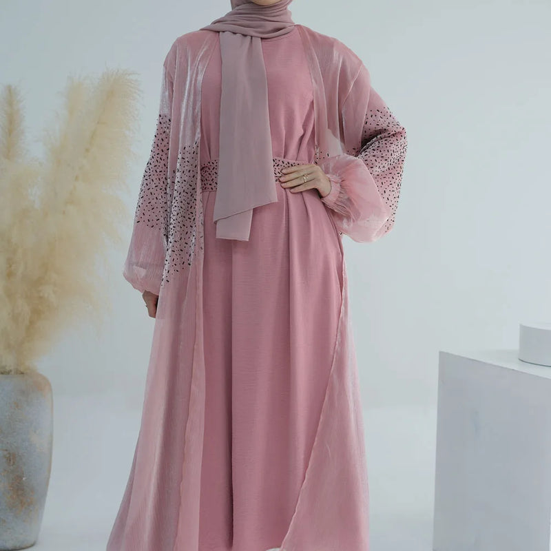 Basma Black Beaded Open Abaya Dress Set (2-Piece Set)