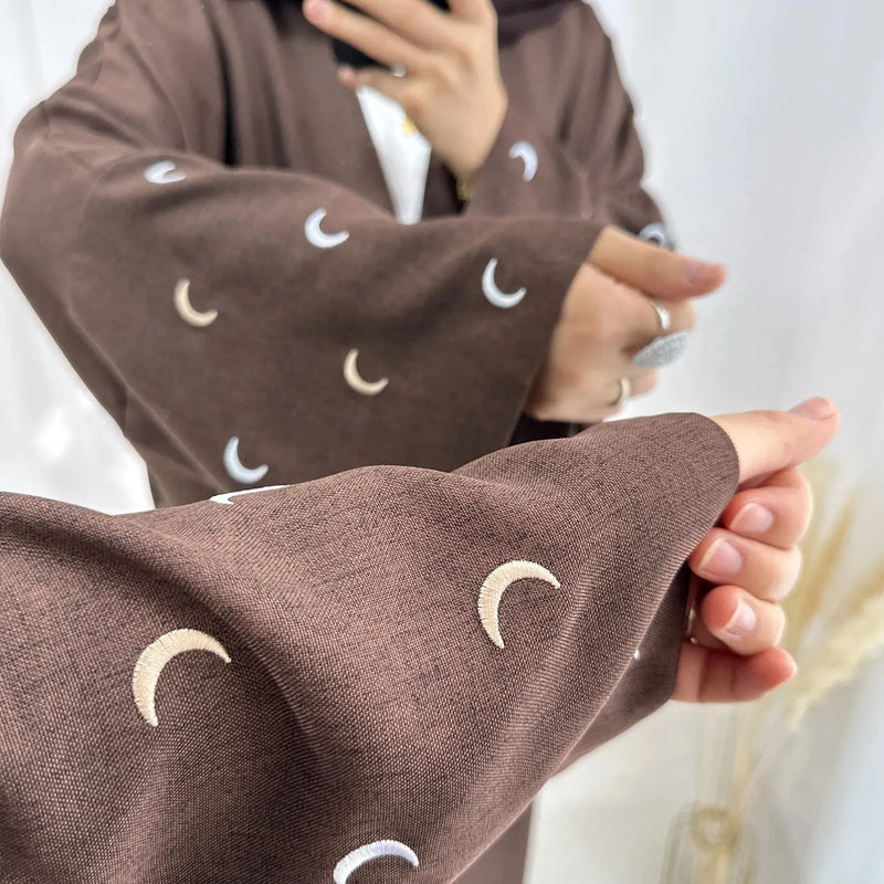 Crescent Moon Embroidered Open Abaya Kimono Dress
