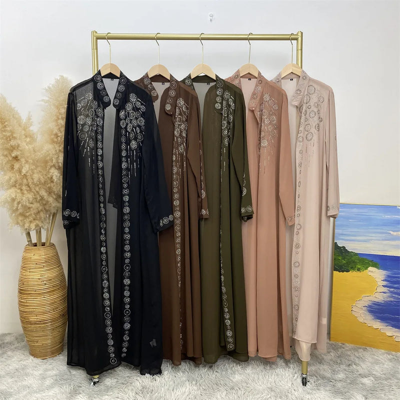 Luxury Rhinestone Chiffon Open Abaya Kimono Dress