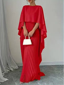 Luxury Pleated Satin Pullover Cape Shawl Evening Dress