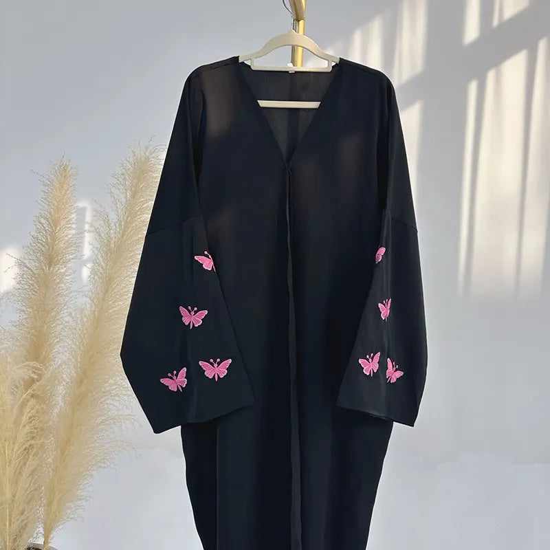 Butterfly Embroidered Open Abaya Kimono Dress