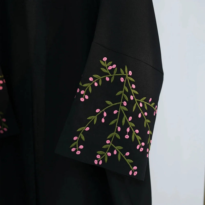 Floral Vines Embroidered Open Abaya Kimono Dress