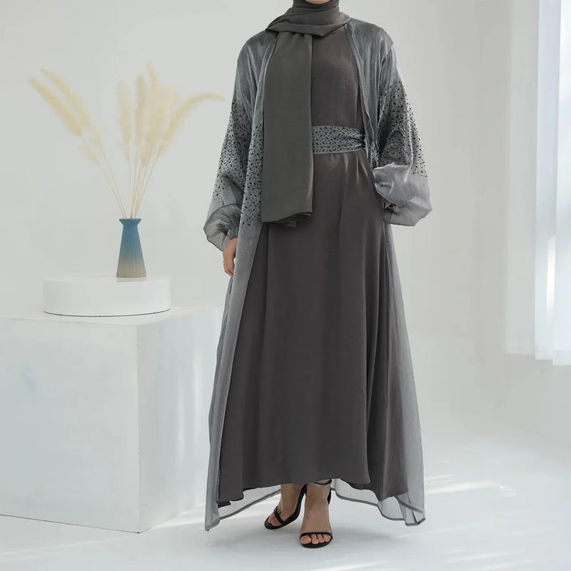 Basma Black Beaded Open Abaya Dress Set (2-Piece Set)