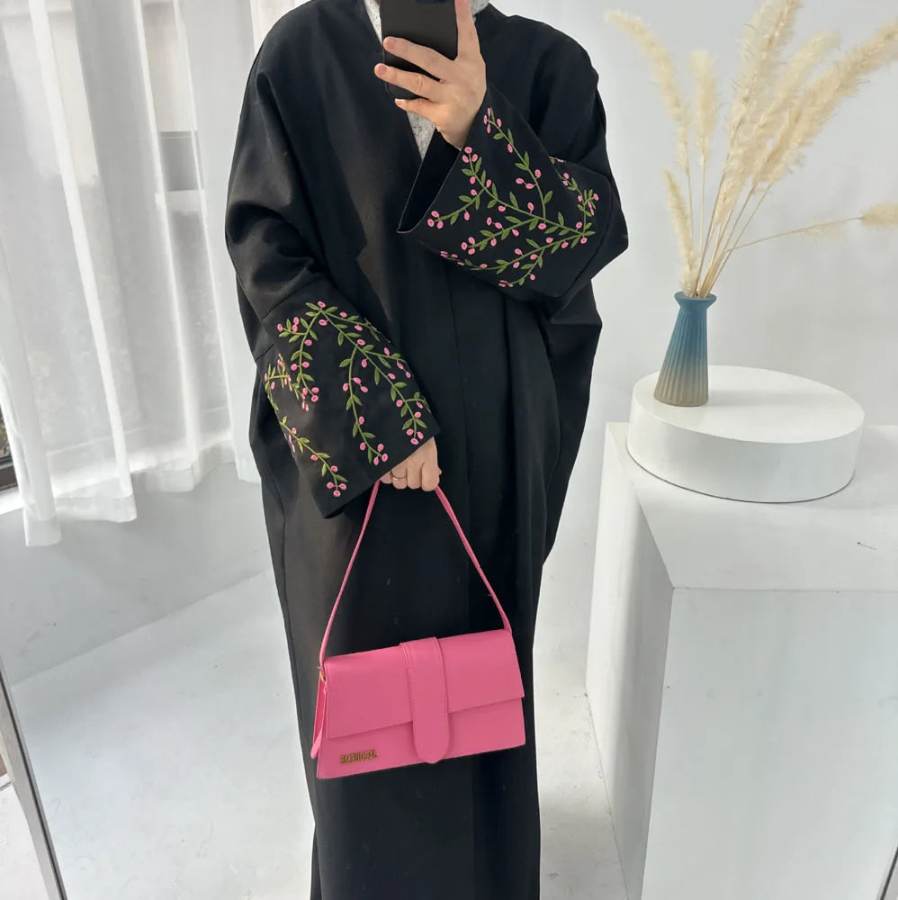 Floral Vines Embroidered Open Abaya Kimono Dress