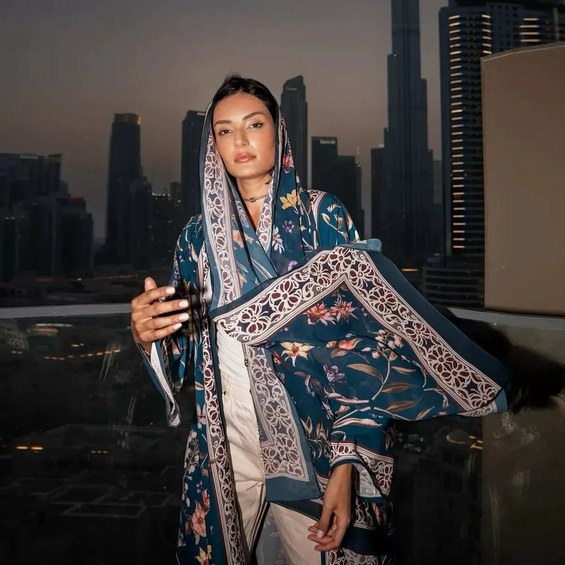 Persian Floral Print Open Abaya (With Matching Hijab)