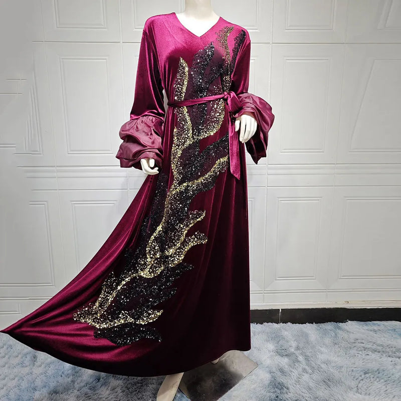Sequined Velvet Puff Cuff Maxi Evening Dress