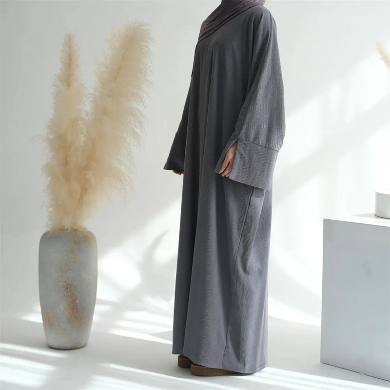 Fall Oversized Corduroy Closed Maxi Abaya Dress with Pockets