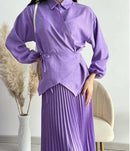 Assymetrical Pleated Collared Jacket & Maxi Skirt Set (2-Piece)
