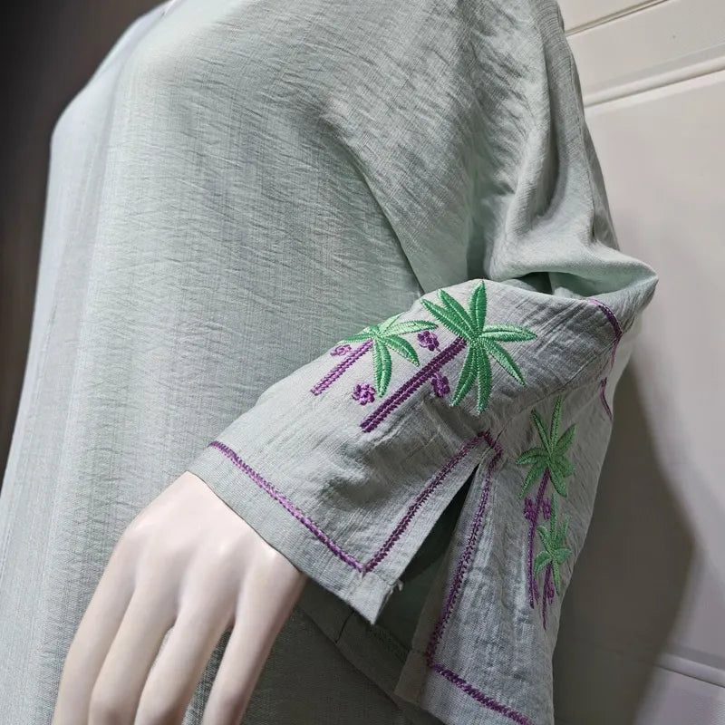 Palm Trees Embroidered Open Abaya Kimono Dress