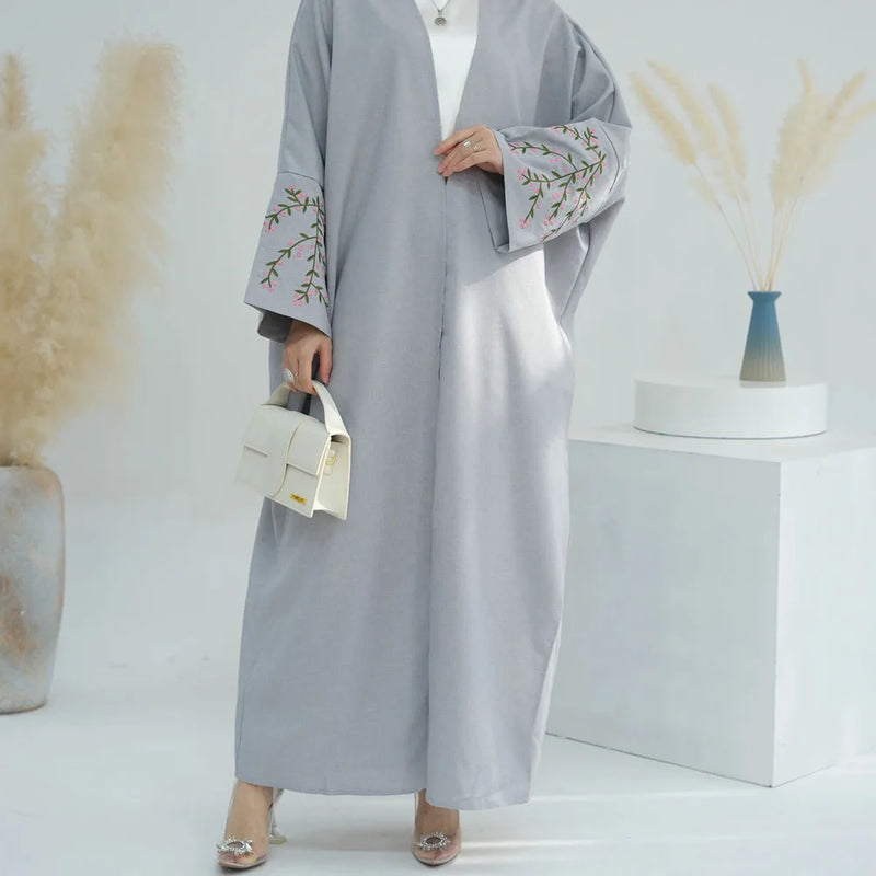 Floral Vines Embroidered Open Abaya Kimono Dress Floral Vines Embroidered Open Abaya Kimono Dress