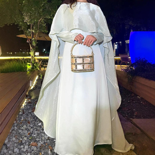 Luxury Sparkly Satin Cape Shawl Evening Gown