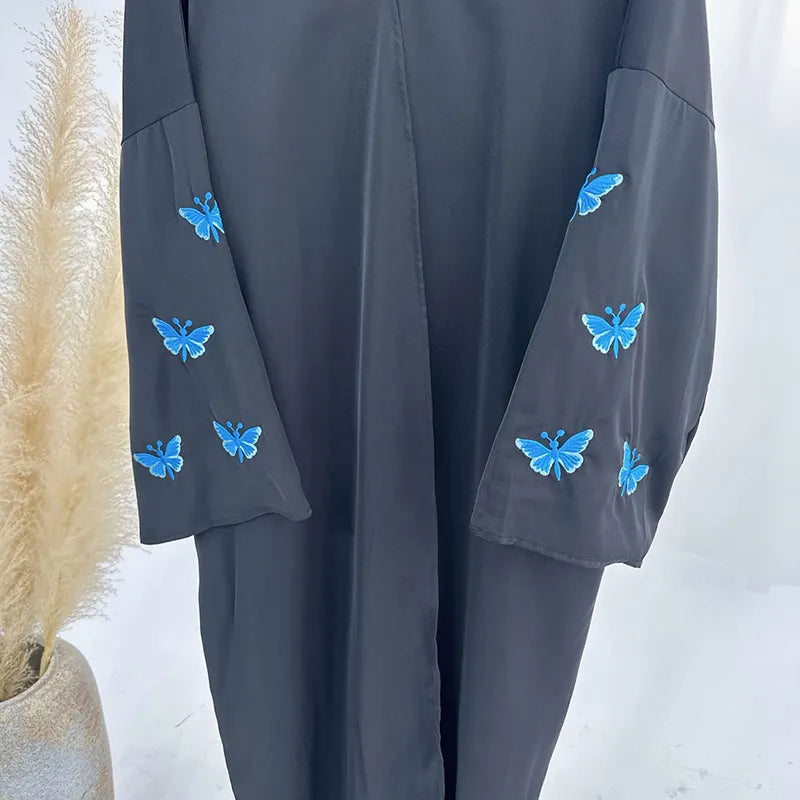 Butterfly Embroidered Open Abaya Kimono Dress