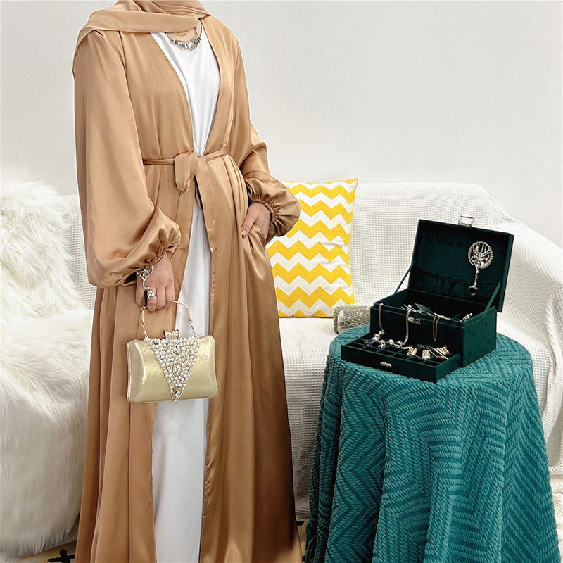 Emirati Puff Sleeve Satin Open Abaya
