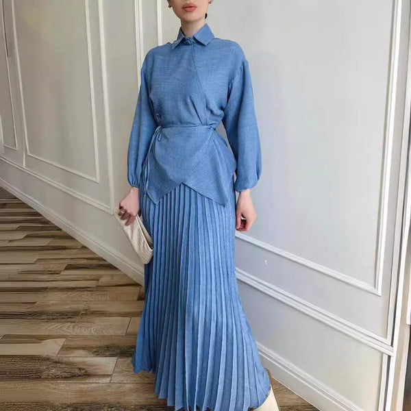 Assymetrical Pleated Collared Jacket & Maxi Skirt Set (2-Piece)