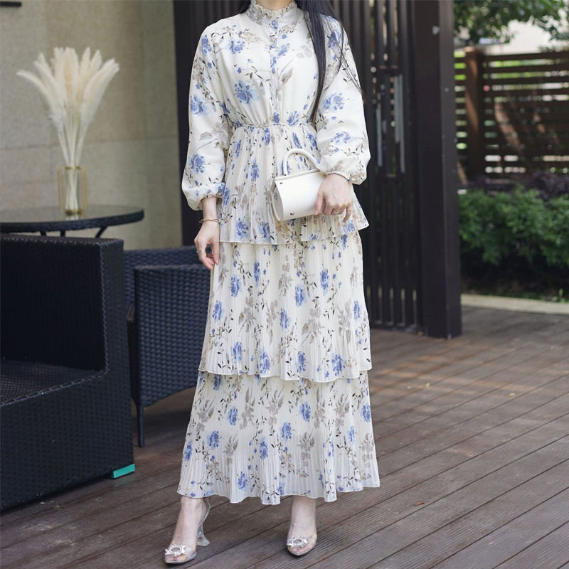 Farah Floral Layer Pleated Maxi Dress