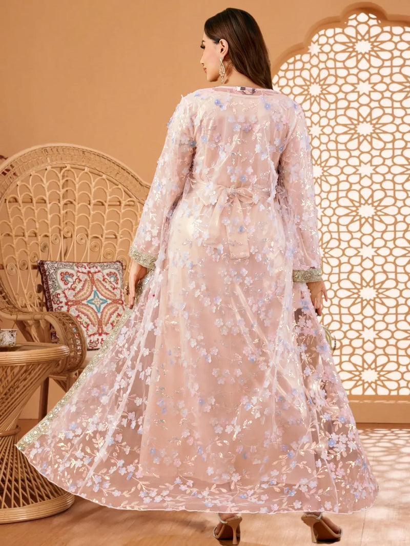 Floral Sequined Mesh Open Abaya (3-Piece Set) Floral Sequined Mesh Open Abaya (3-Piece Set)