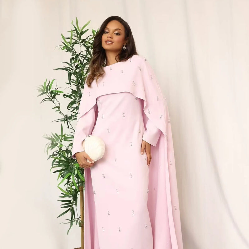 Luxury Pearl Rhinestone Embellished Cape Shawl Evening Dress