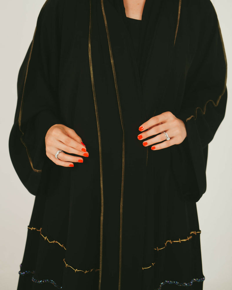 Black Open Abaya with Layered Design + Free Matching Hijab (Saudi-Style)