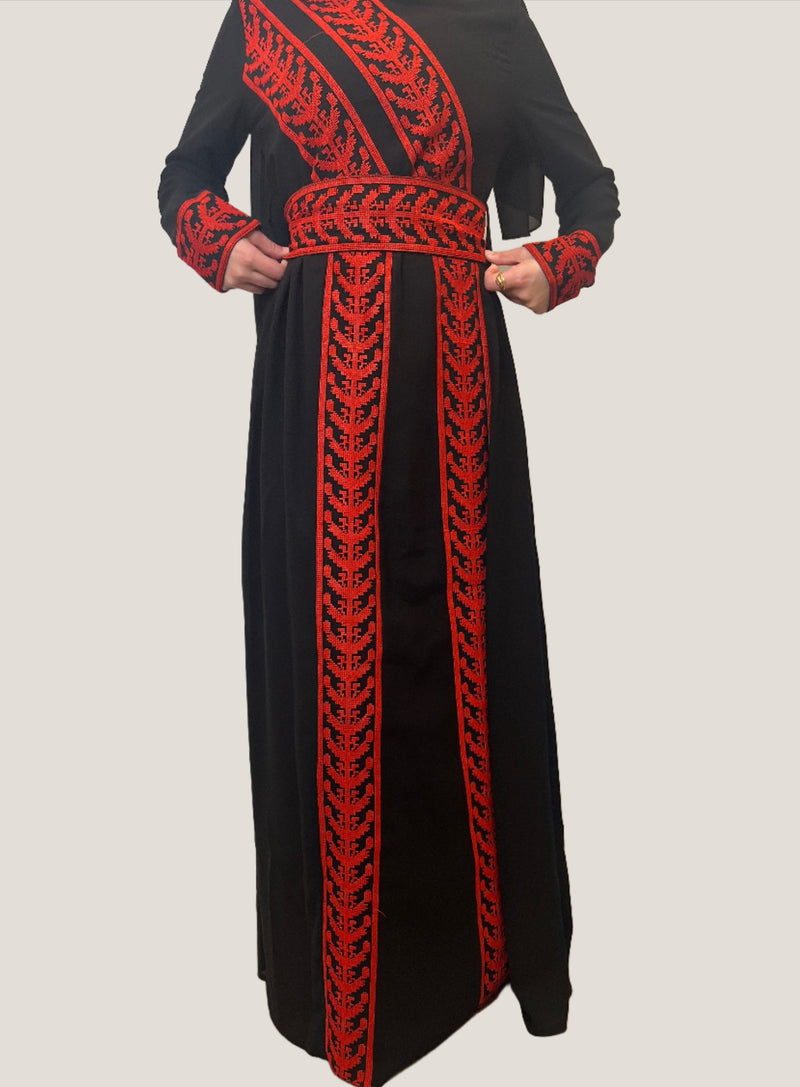 The Modern Red Tatreez Embroidered Feather Wrap Palestinian Thobe