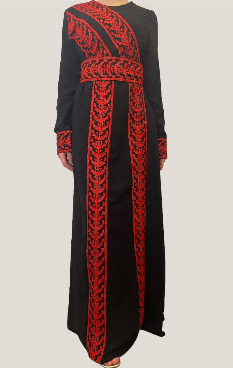 The Modern Red Tatreez Embroidered Feather Wrap Palestinian Thobe