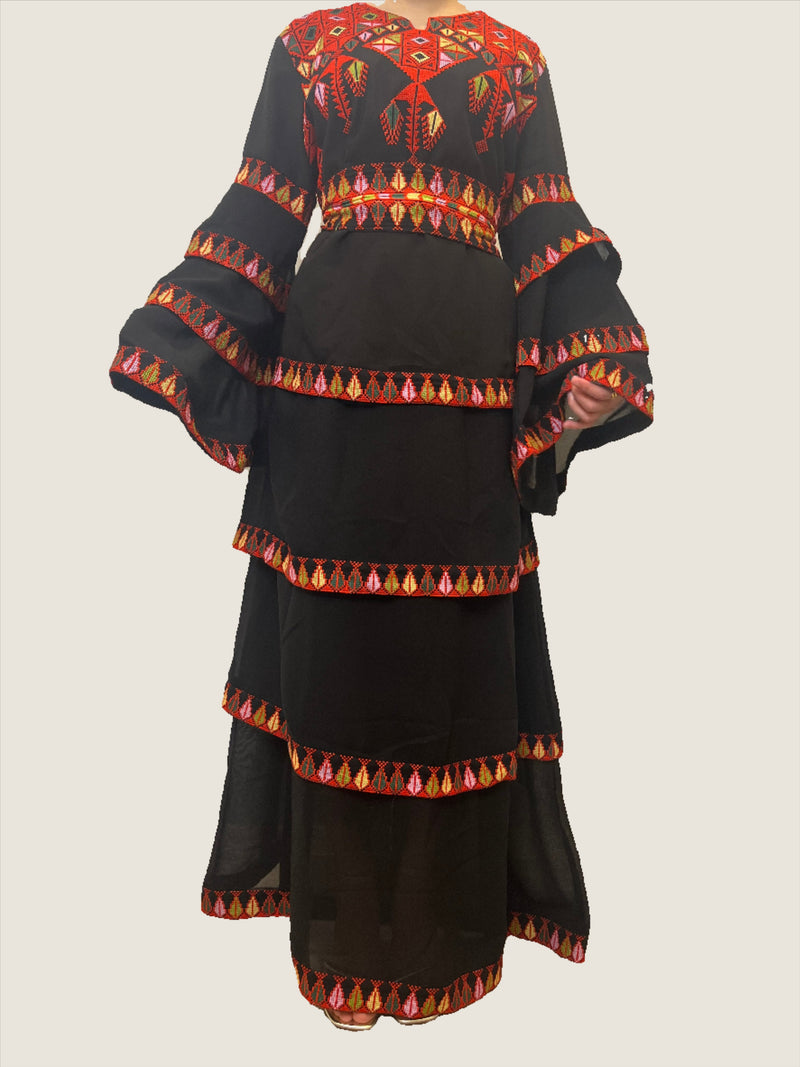 The Modern Red Tatreez Embroidered Layered Ruffles Palestinian Thobe The Modern Red Tatreez Embroidered Layered Ruffles Palestinian Thobe