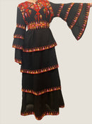 The Modern Red Tatreez Embroidered Layered Ruffles Palestinian Thobe is a beautiful dress for a special occasion! It is simple, elegant and perfect for the next Palestinian katib ktab or wedding. This Thobe has a layered design and includes a belt with tatreez!