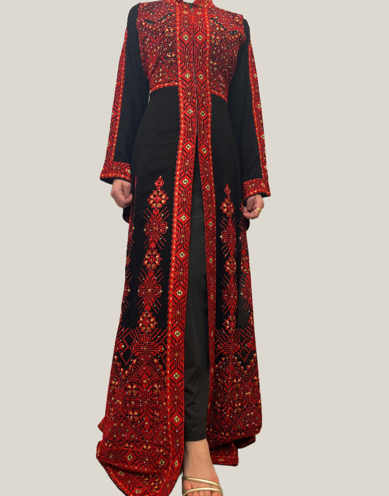 Dhuha Red Tatreez Embroidered Palestinian Kaftan Thobe (2 Piece Set)