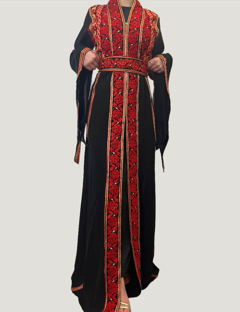 Eve Red Tatreez Embroidered Palestinian Kaftan Thobe (3 Piece Set)