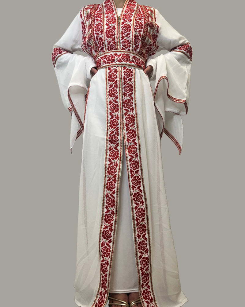 Eve Red Tatreez Embroidered Palestinian Kaftan Thobe (3 Piece Set) Eve Red Tatreez Embroidered Palestinian Kaftan Thobe (3 Piece Set)