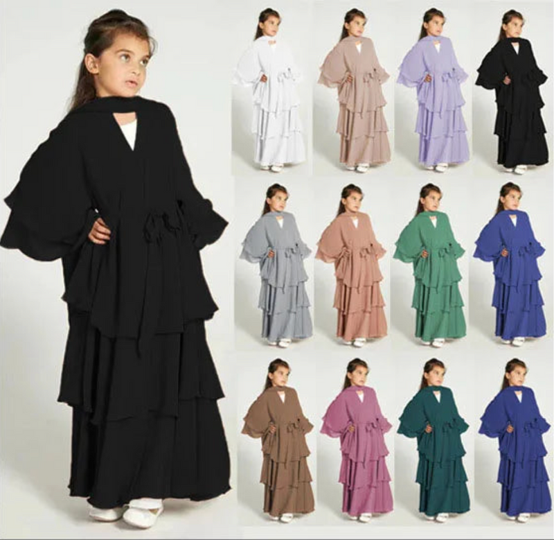 Ajman 3 Layers Chiffon Solid Open Abaya for Girls